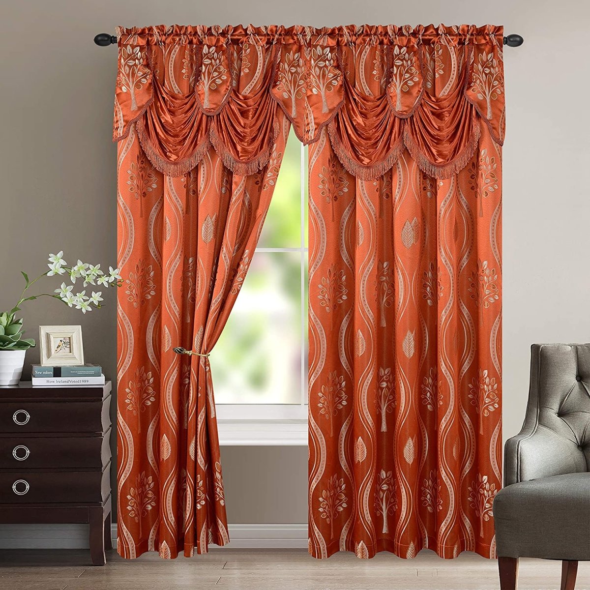 Luxurious Beautiful Curtain Panel Set with Attached Valance and Backing Set of 2 - Any Linen