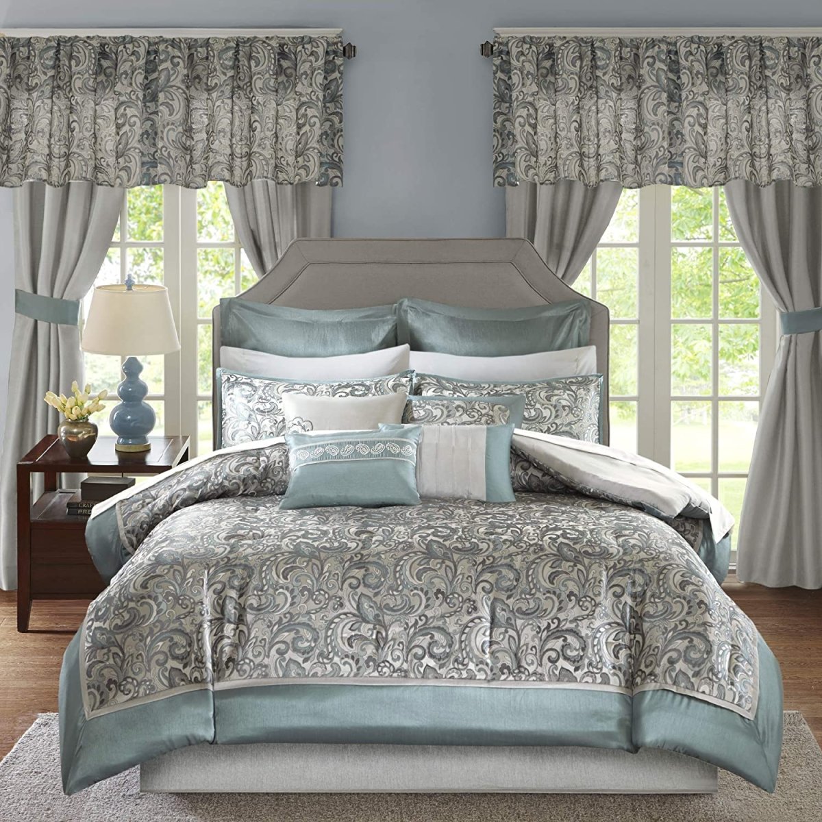 Master Bedroom 24 Piece Room in a Bag Faux Silk Hypoallergenic Down Alternative Comforter Matching Curtains - Any Linen