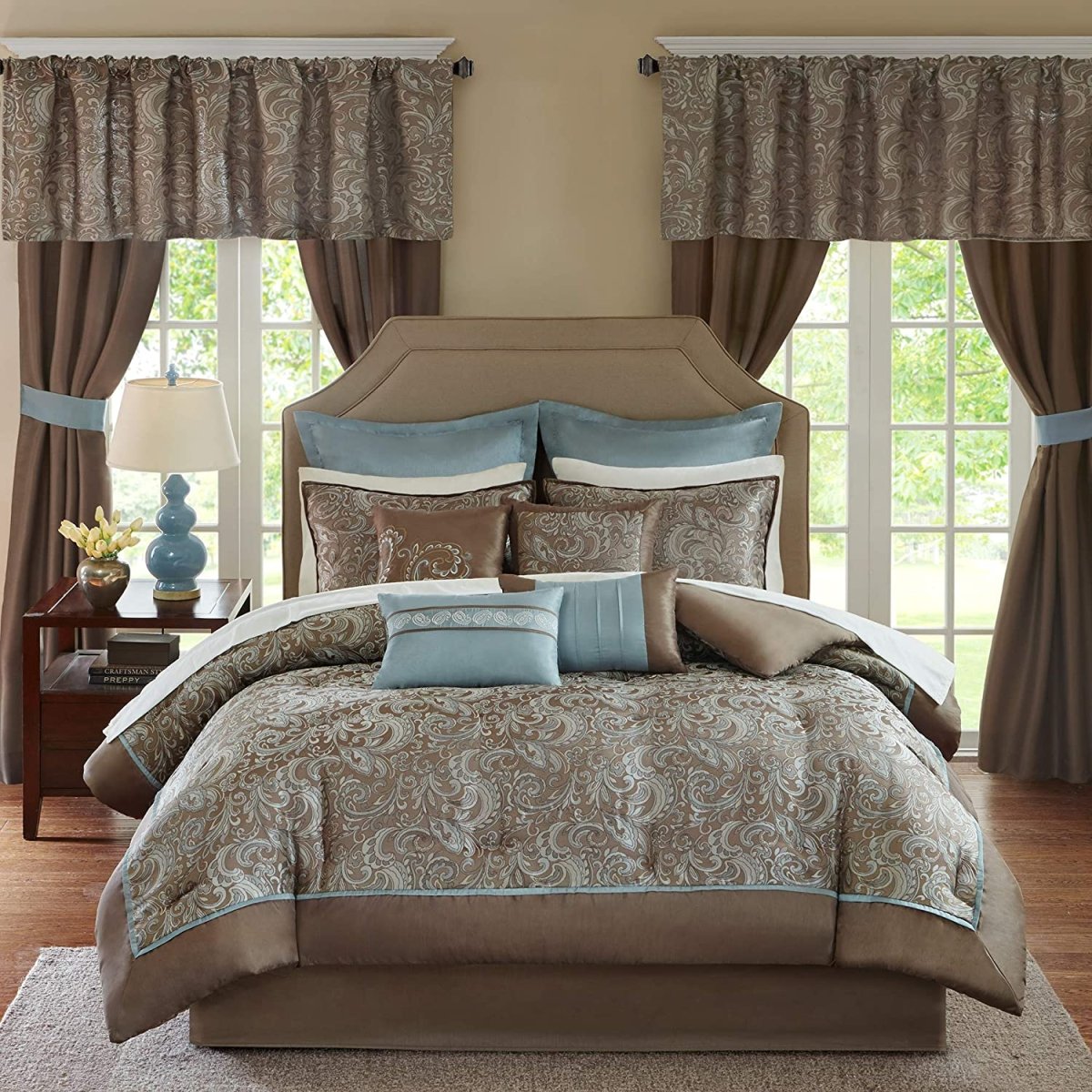 Master Bedroom 24 Piece Room in a Bag Faux Silk Hypoallergenic Down Alternative Comforter Matching Curtains - Any Linen