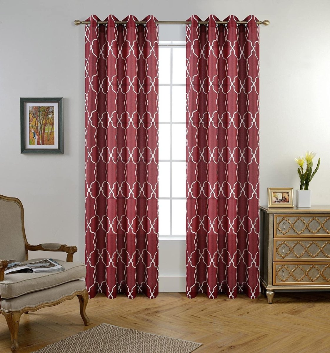Moroccan Embroidered Semi Sheer Faux Linen Grommet Curtain Set 52 x 95 Inch - Any Linen