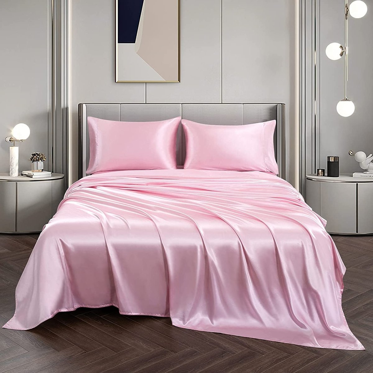 Pink Satin Silky Soft 4 pcs Bed Sheets Set - Any Linen