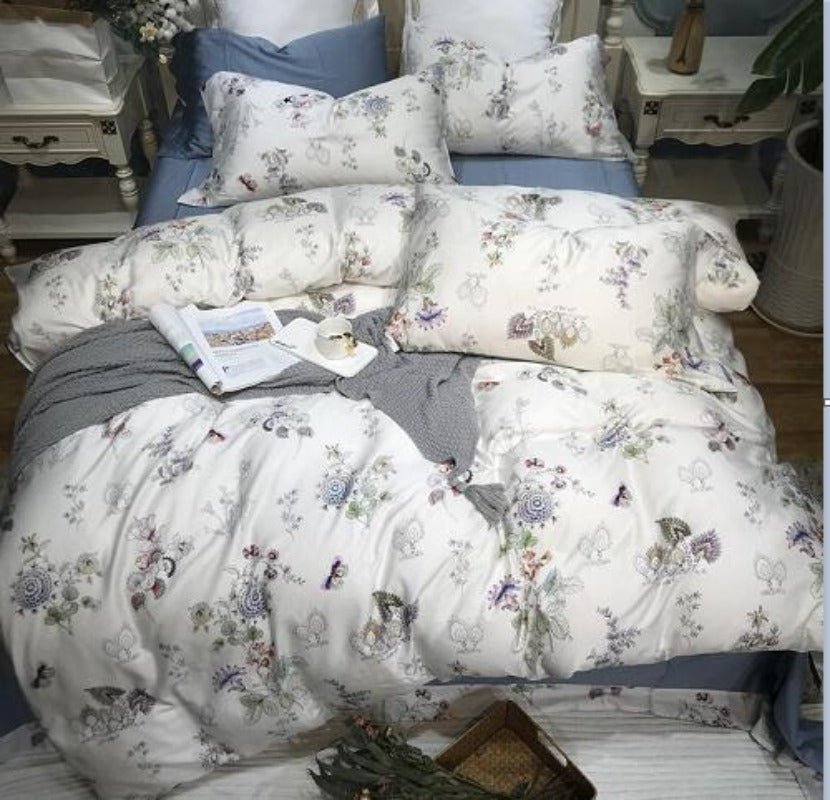 Silk Egyptian Cotton Birds Plant Duvet Cover 4 pcs Bedding Set - Any Linen