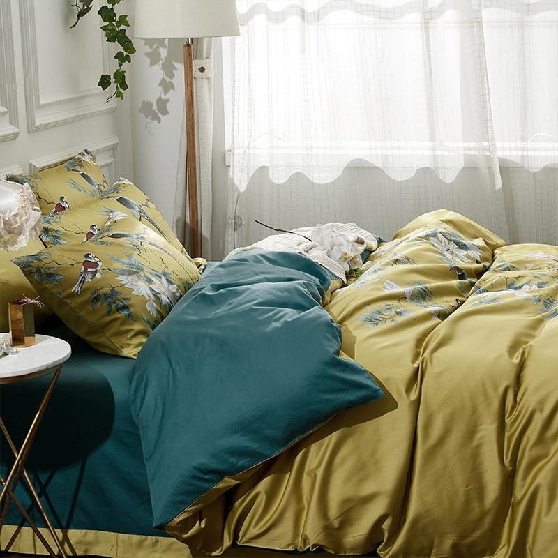 Silk Egyptian Cotton Birds Plant Duvet Cover 4 pcs Bedding Set - Any Linen