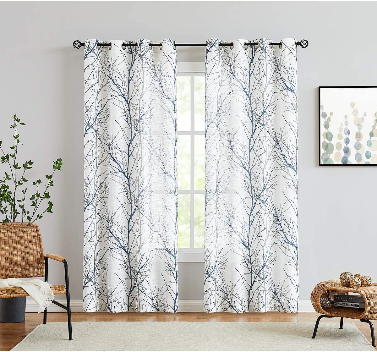 Tree Branches Curtain 2 Panels Set Linen Textured Semi - Sheer Window Drapes - Any Linen