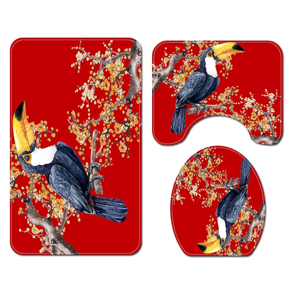 Waterproof 3D Digital Bird Printing Shower Curtain Toilet Cover Bath Mat Non Slip Rug Set - Any Linen