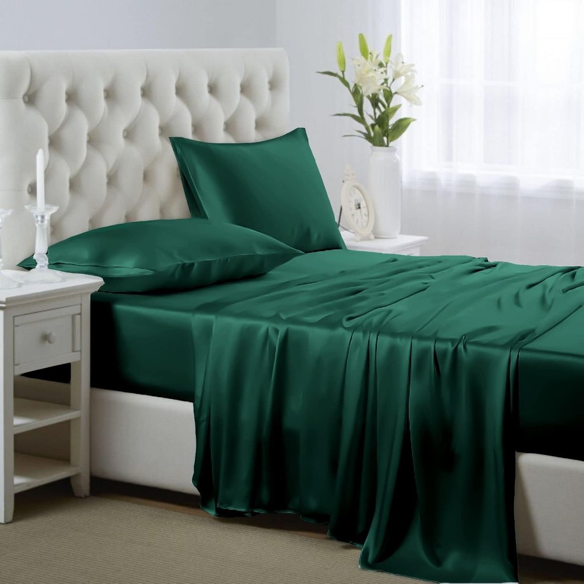 Cooling Silk Satin 4 - Piece Queen Bed Sheet Set with Deep Pockets – Hypoallergenic & Soft - Any Linen
