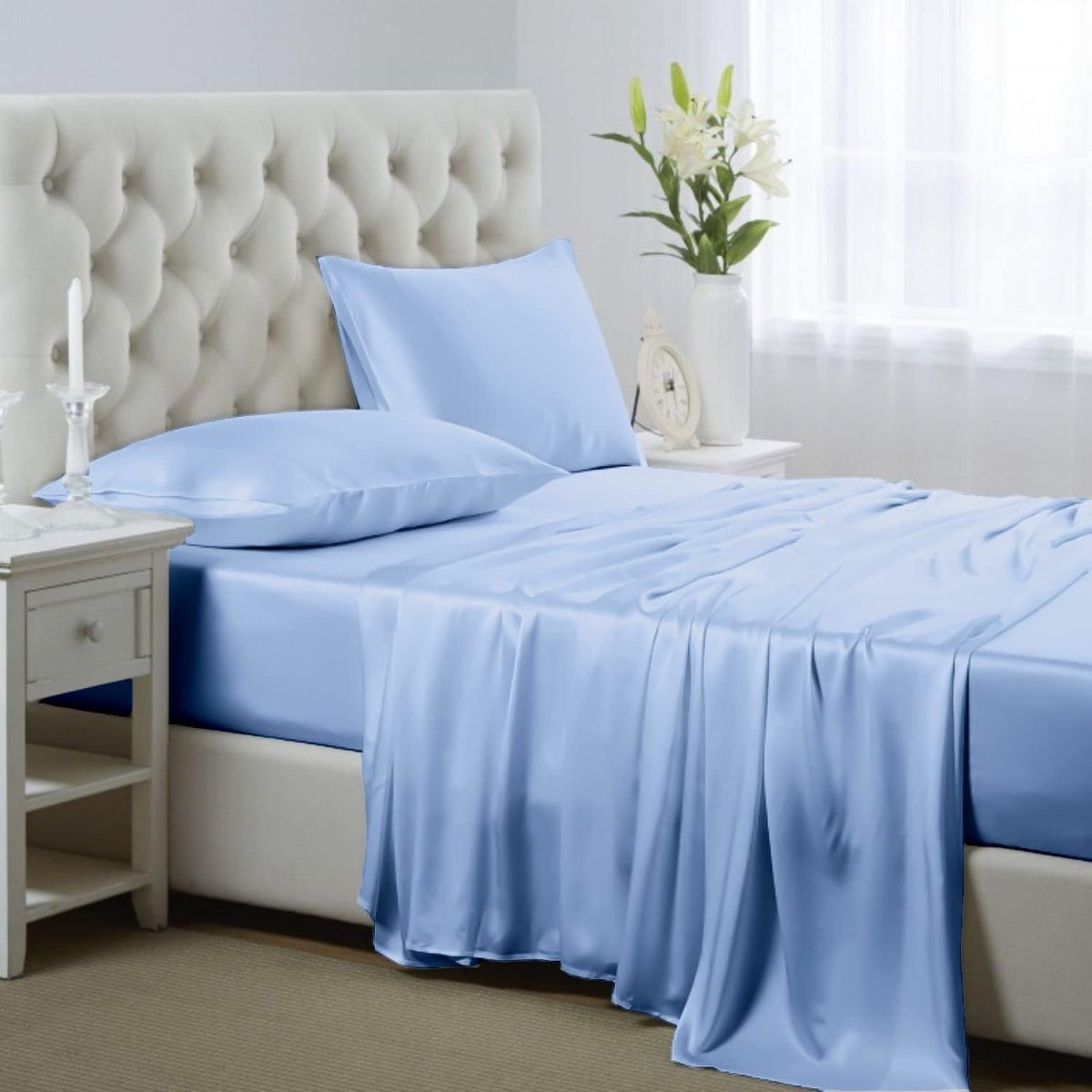 Cooling Silk Satin 4 - Piece Queen Bed Sheet Set with Deep Pockets – Hypoallergenic & Soft - Any Linen