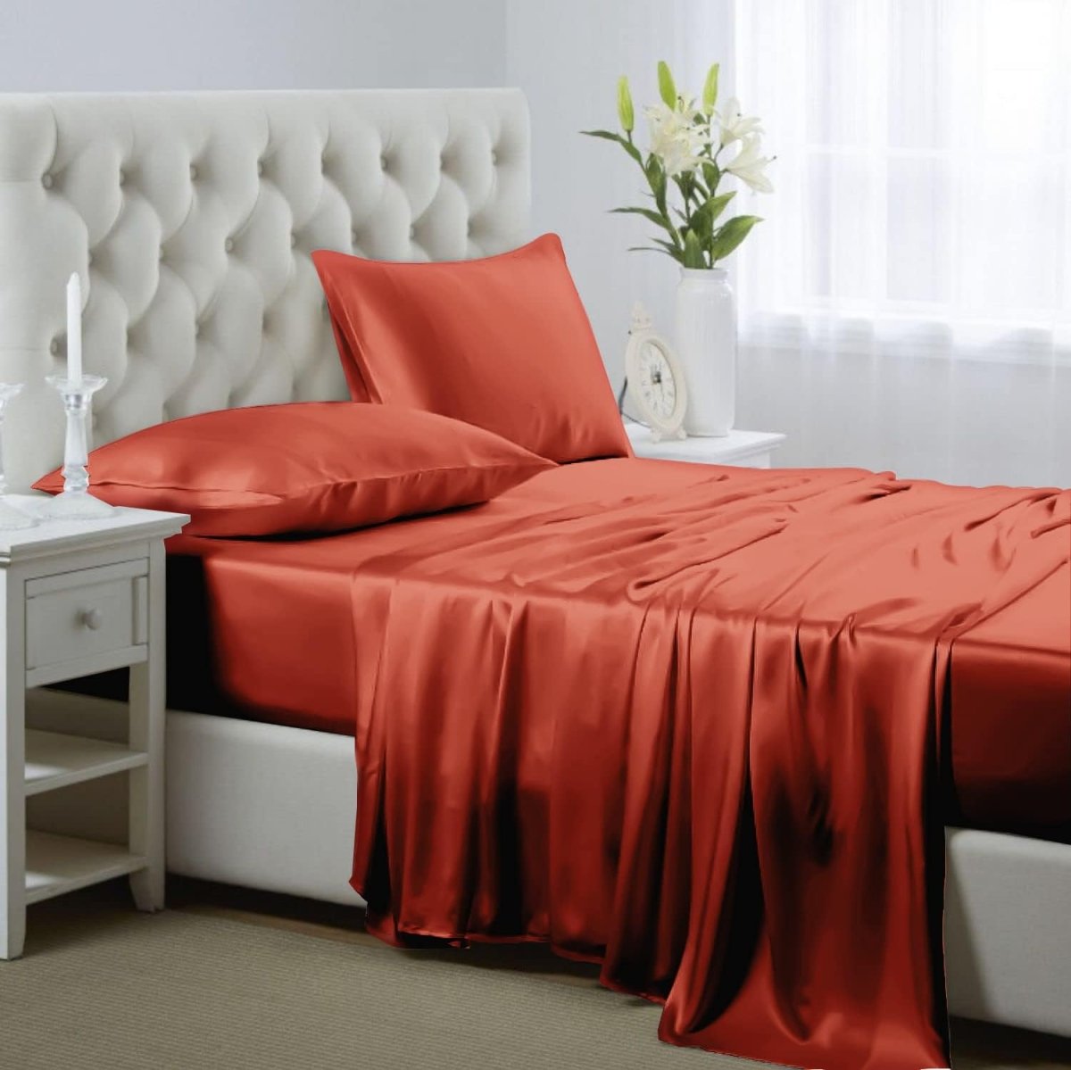 Cooling Silk Satin 4 - Piece Queen Bed Sheet Set with Deep Pockets – Hypoallergenic & Soft - Any Linen