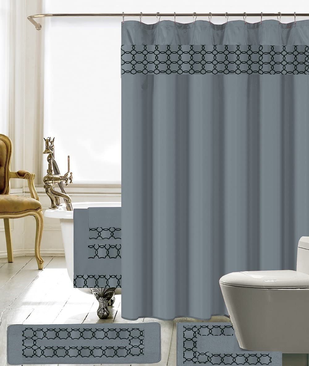 18 Piece Embroidery Banded Shower Curtain Bath Set | Any Linen
