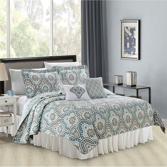 5 Piece Teal Aqua Bed Coverlet Filled Embroidery Bedding Set - Any Linen