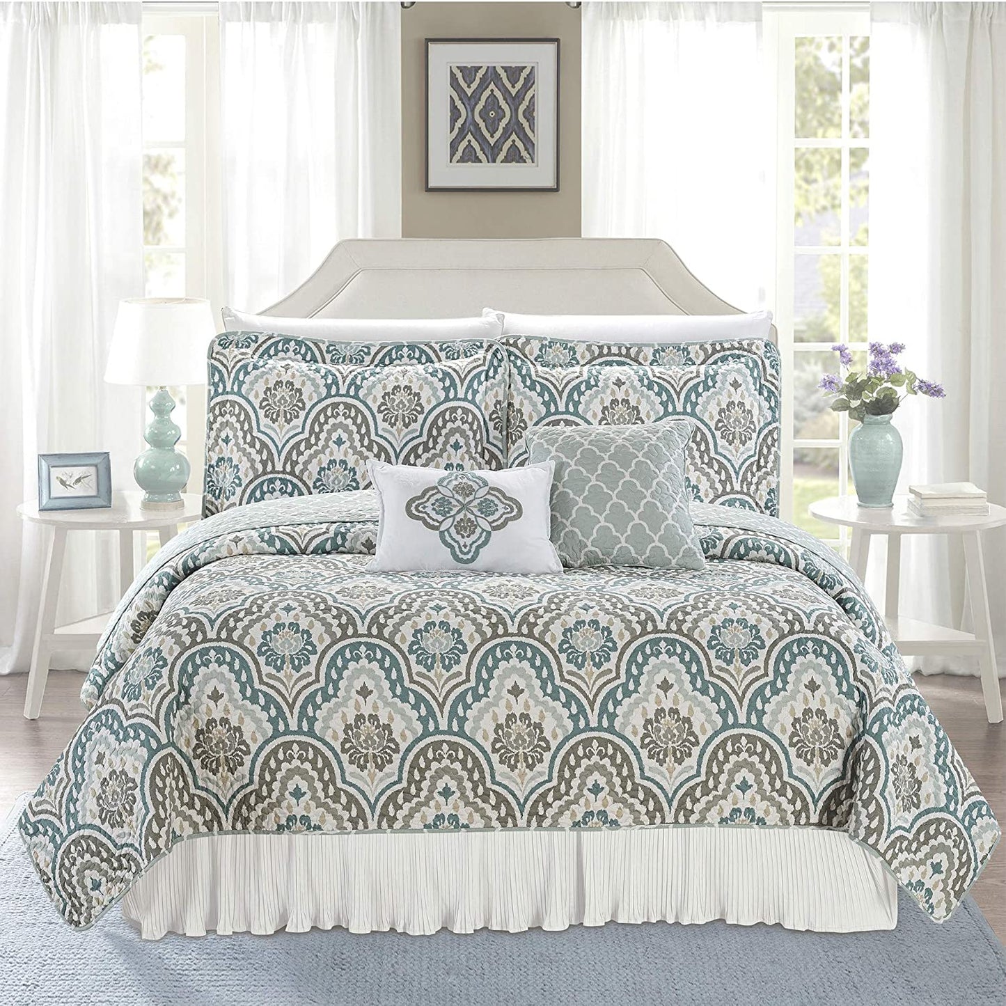5 Piece Teal Aqua Bed Coverlet Filled Embroidery Bedding Set | AnyLinen