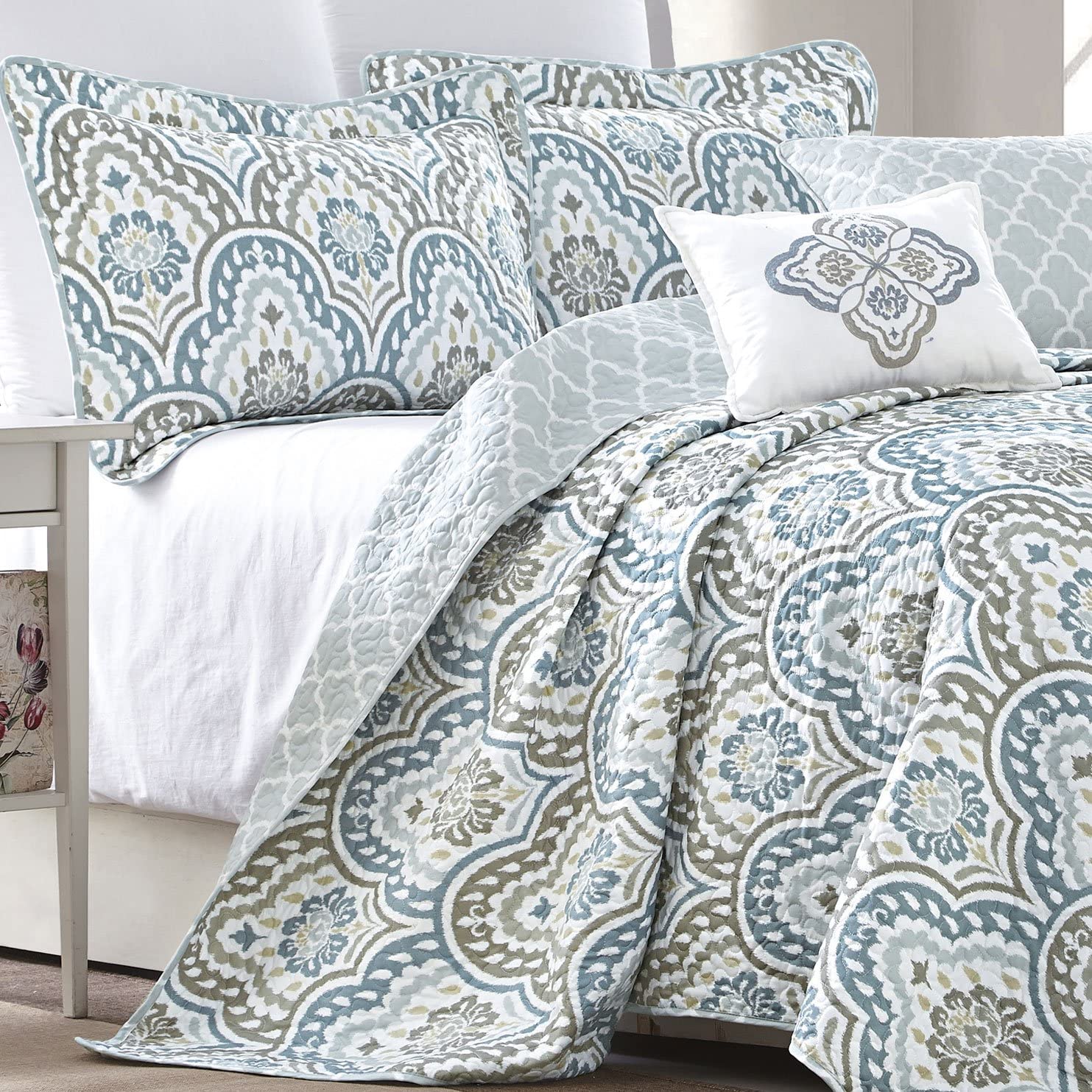 5 Piece Teal Aqua Bed Coverlet Filled Embroidery Bedding Set | AnyLinen