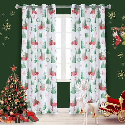 Christmas Faux Linen Sheer Curtains Light Filtering Grommets. Set of 2