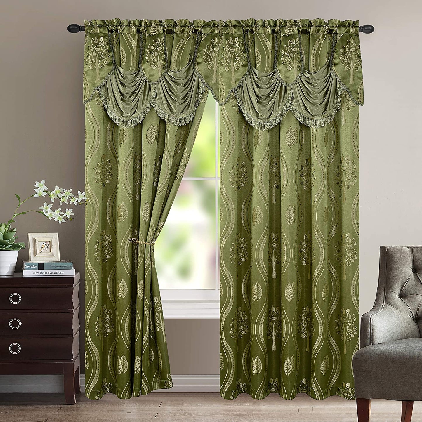 Luxurious Beautiful Curtain Panel Set with Attached Valance and Backing