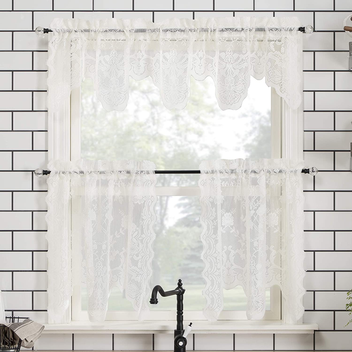Floral Lace Sheer Rod Pocket Kitchen Curtain Valance and Tiers Set