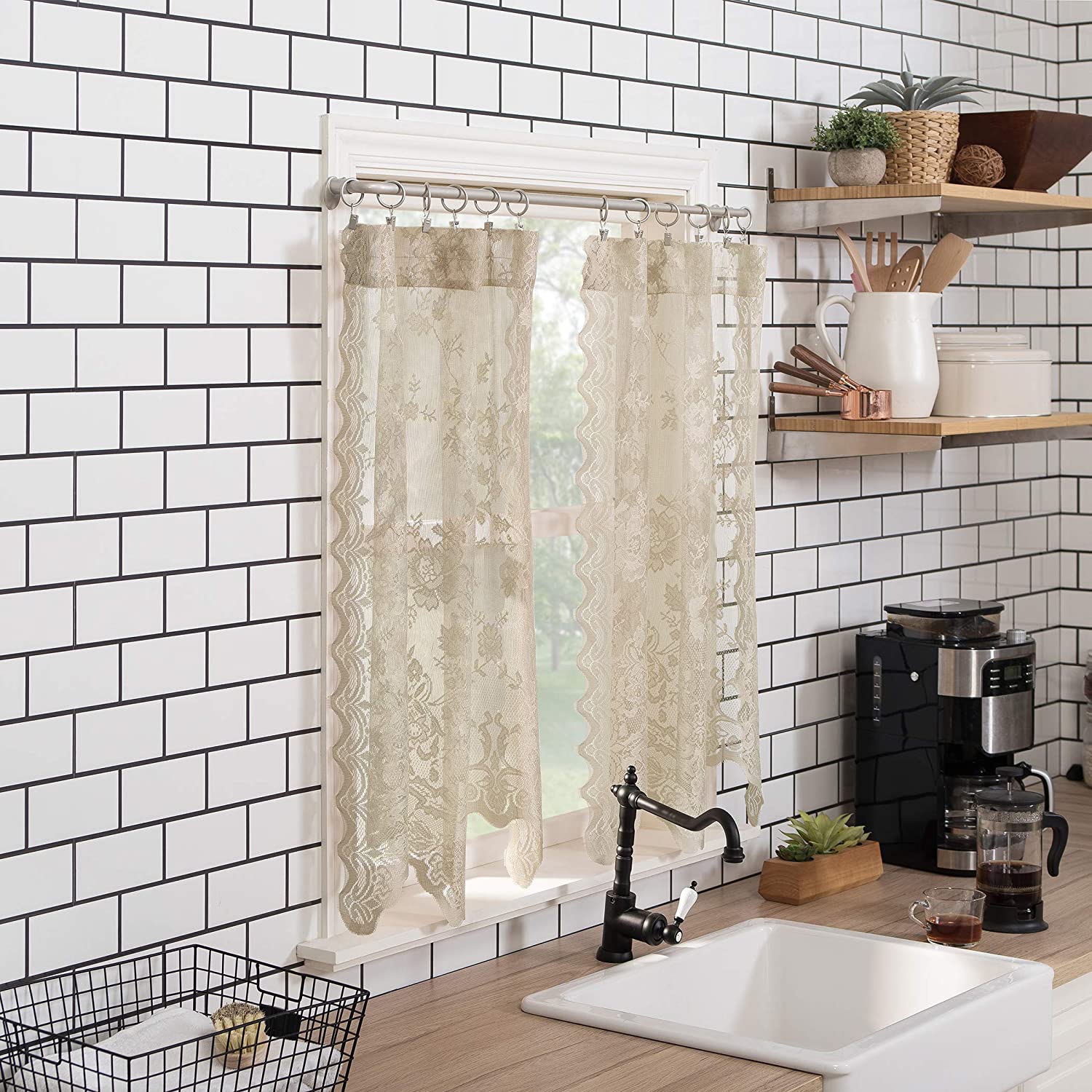 Floral Lace Sheer Rod Pocket Kitchen Curtain Valance and Tiers Set