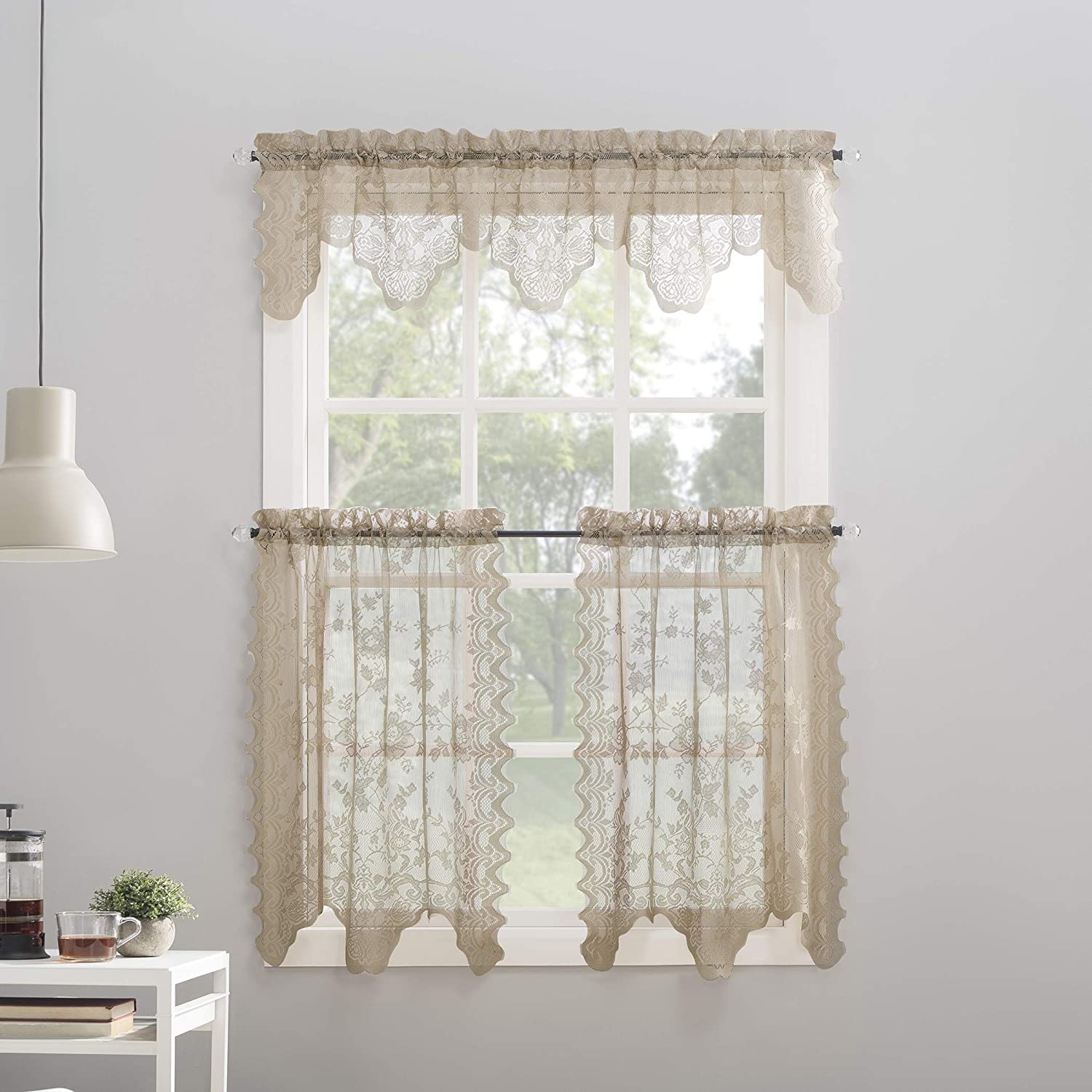 Floral Lace Sheer Rod Pocket Kitchen Curtain Valance and Tiers Set