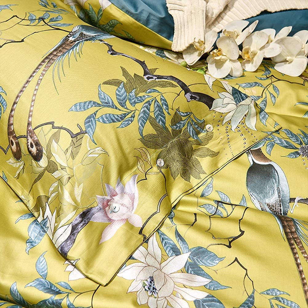 Floral Silky Satin Bird Flower Pattern Comforter Cover 3 pcs Set