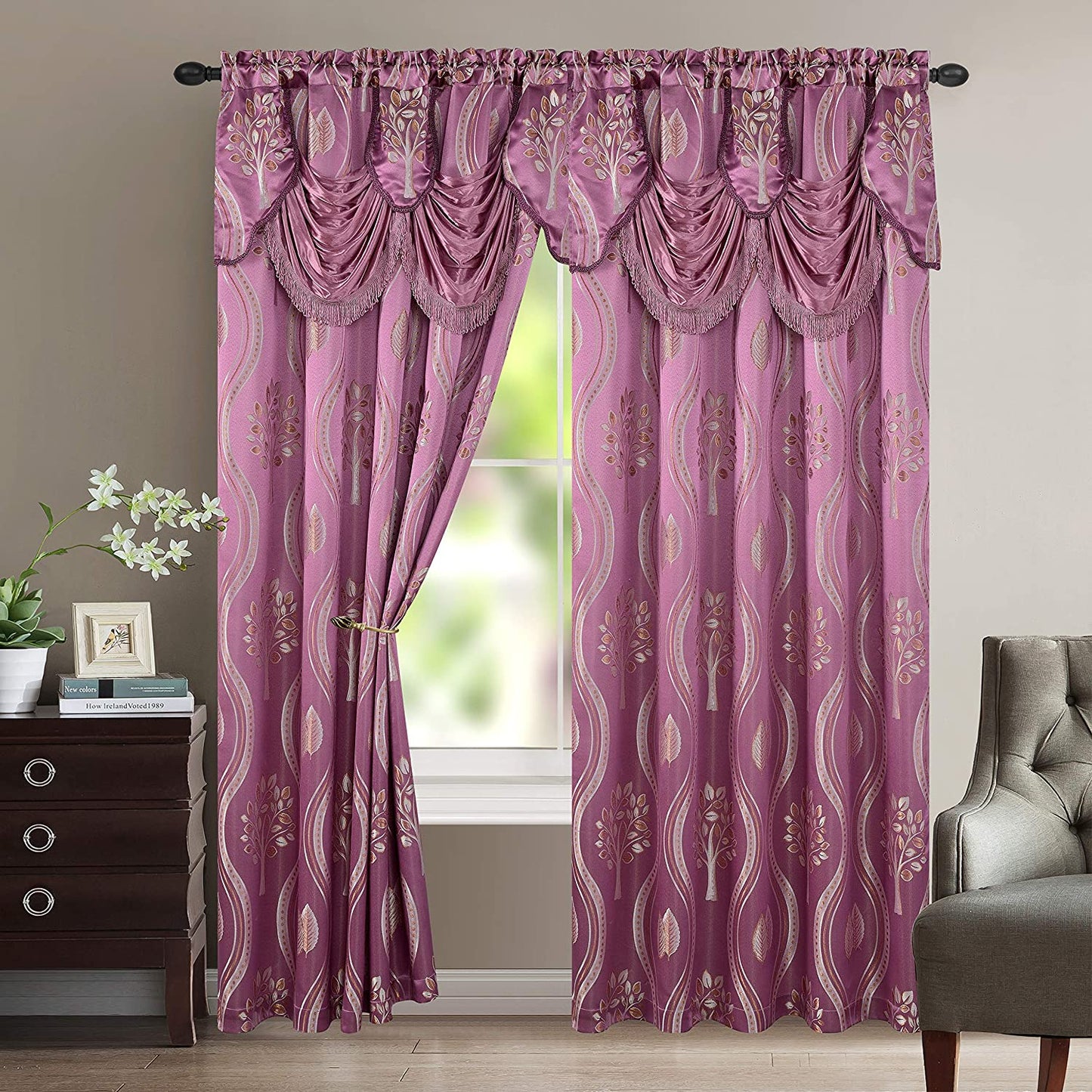 Luxurious Beautiful Curtain Panel Set with Attached Valance and Backing