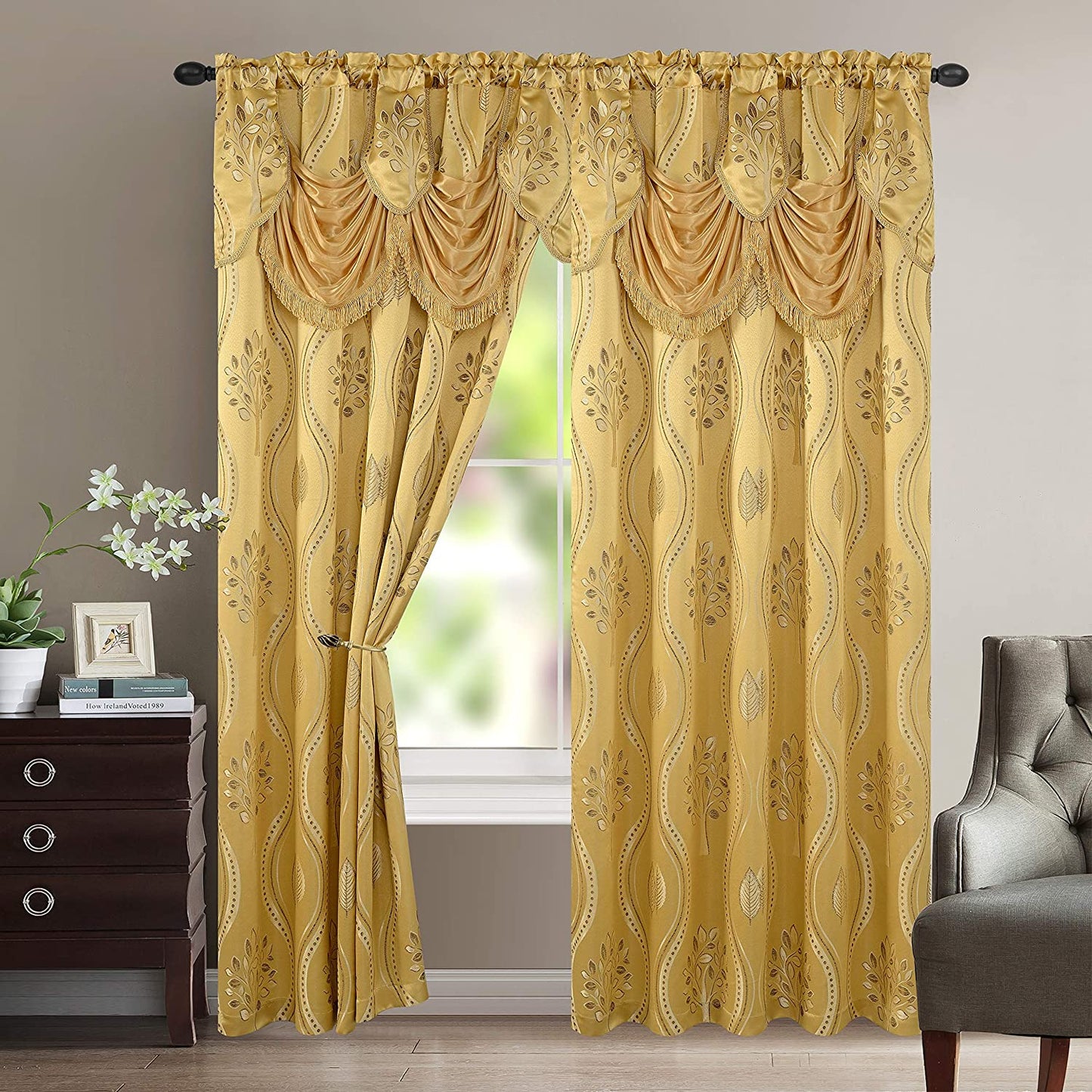 Luxurious Beautiful Curtain Panel Set with Attached Valance and Backing