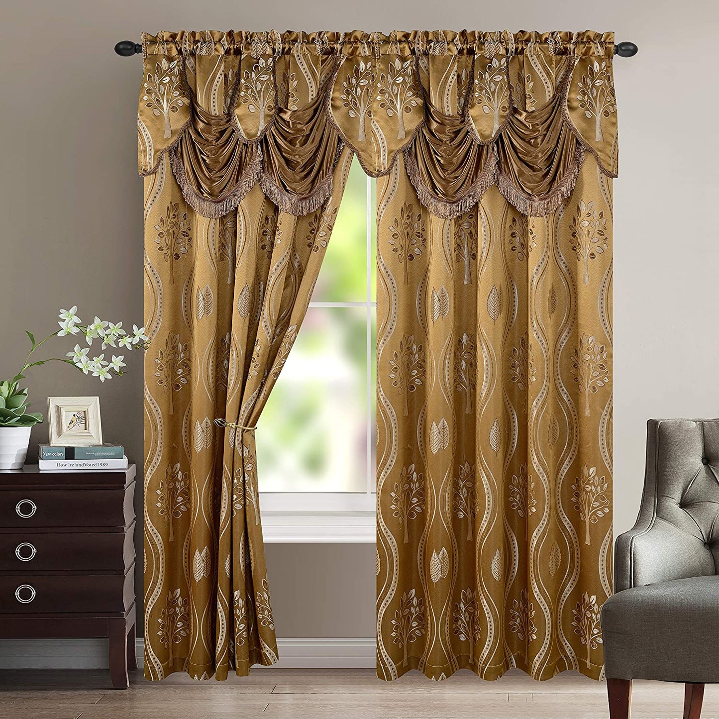 Luxurious Beautiful Curtain Panel Set with Attached Valance and Backing