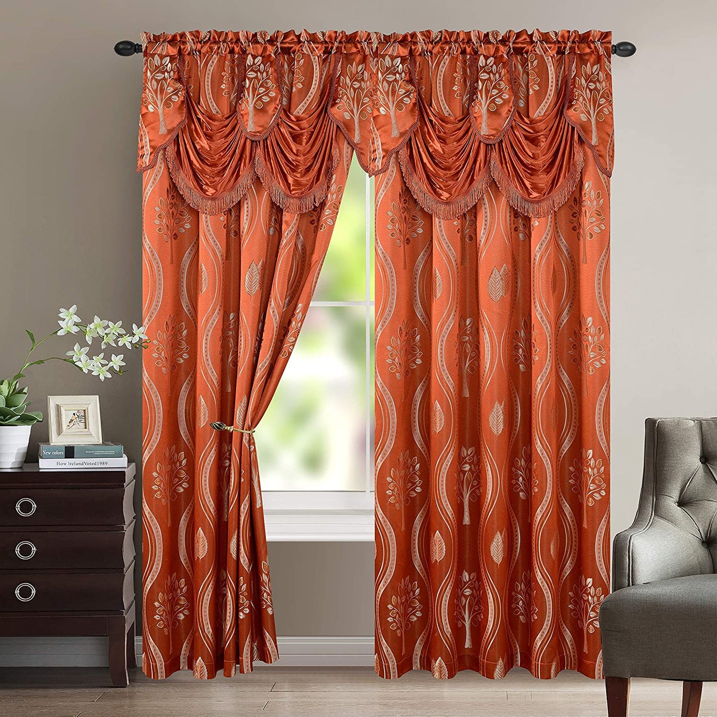 Luxurious Beautiful Curtain Panel Set with Attached Valance and Backing