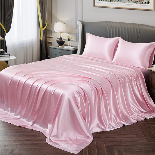 Pink Satin Silky Soft 4 pcs Bed Sheets Set | AnyLinen