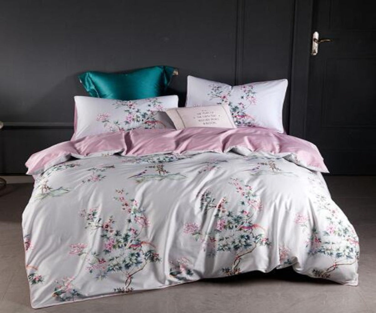 [Silk Egyptian Cotton Birds Plant Duvet Cover 4 pcs Bedding Set]