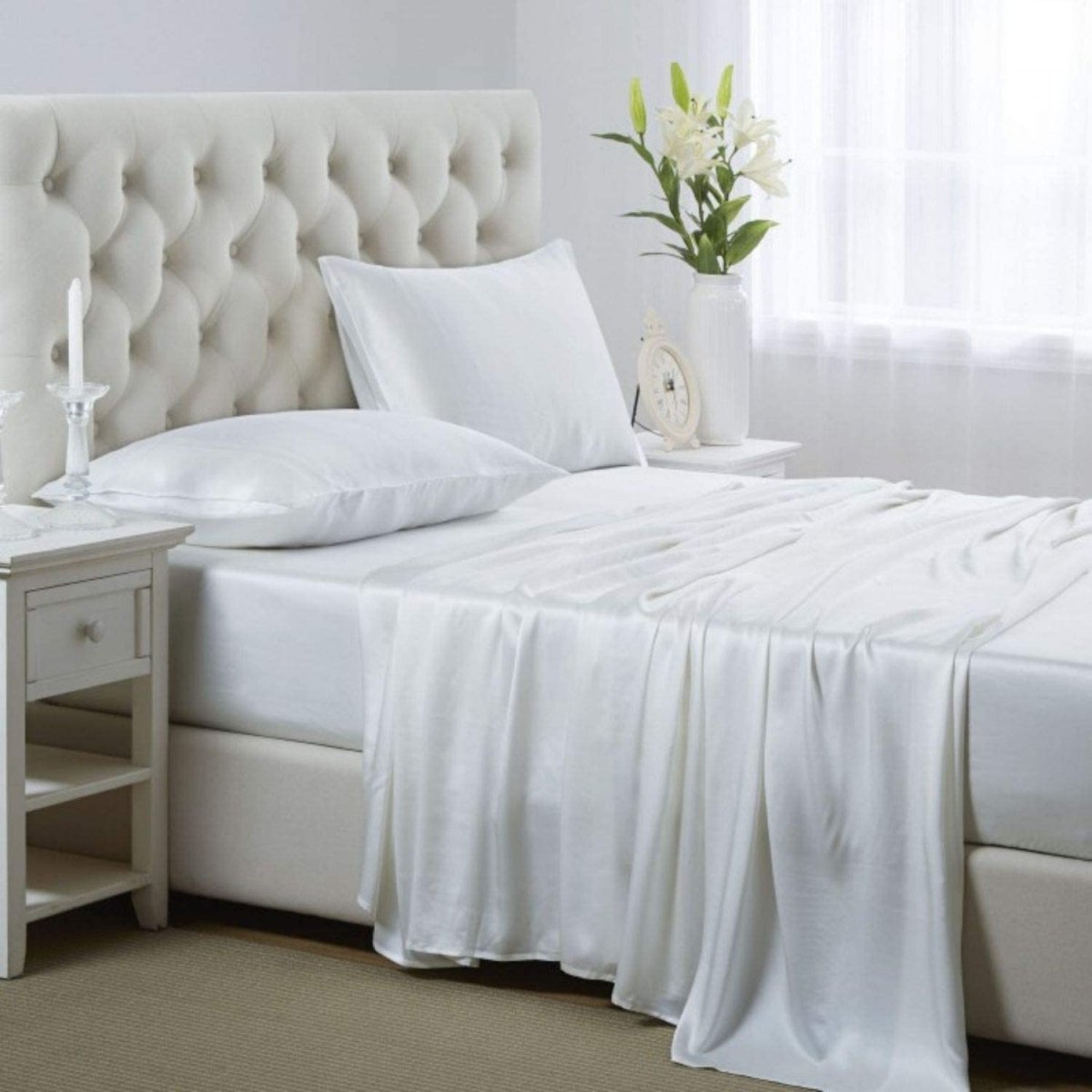 Cooling Silk Satin 4 - Piece Queen Bed Sheet Set with Deep Pockets – Hypoallergenic & Soft - Any Linen