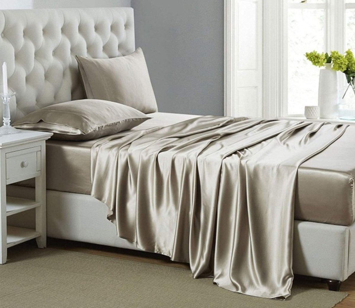 Cooling Silk Satin 4 - Piece Queen Bed Sheet Set with Deep Pockets – Hypoallergenic & Soft - Any Linen