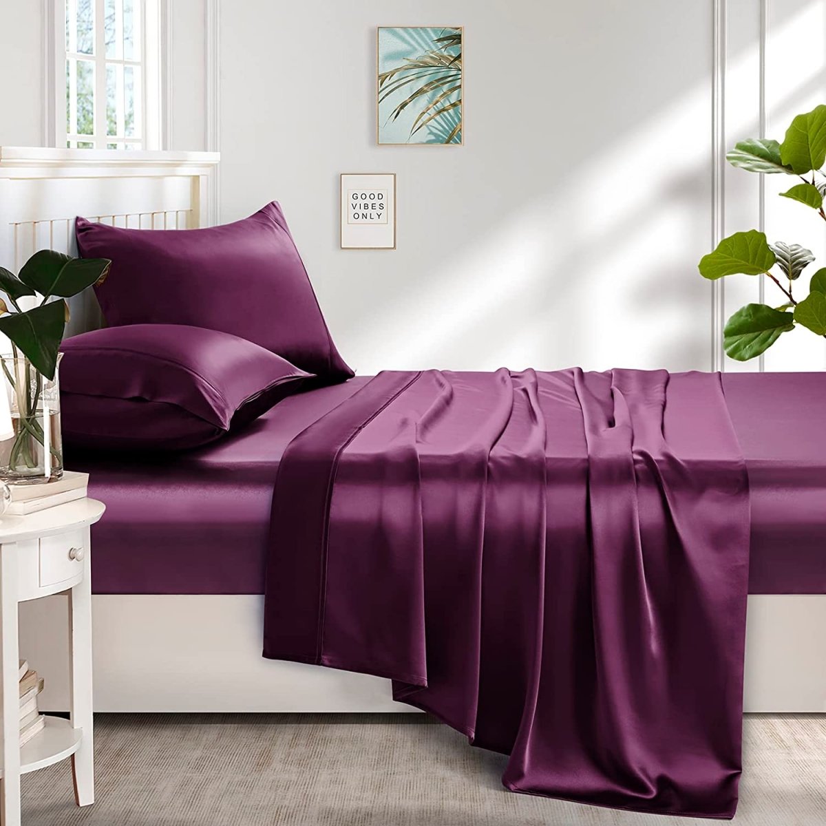 Cooling Silk Satin 4 - Piece Queen Bed Sheet Set with Deep Pockets – Hypoallergenic & Soft - Any Linen