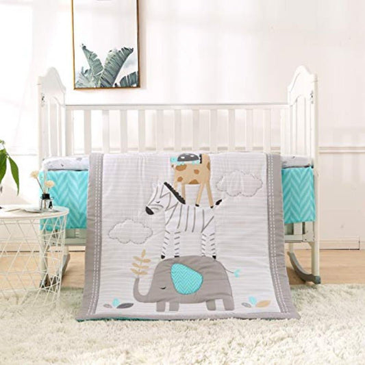 Crib Bedding Set Grey Elephant Zebra Baby Elephant 3 pcs Set - Any Linen