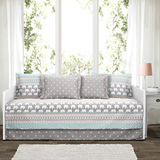 Elephant Stripe 6 Piece Day Bed Cover Bedding Set Includes Bed Skirt, Pillow Shams, Pillowcases - Any Linen