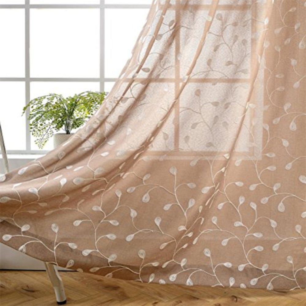 Floral Embroidery Semi Sheers Linen Grommet Window 2 Panels Curtain - Any Linen