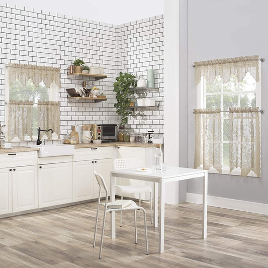 Floral Lace Sheer Rod Pocket Kitchen Curtain Valance and Tiers Set - Any Linen