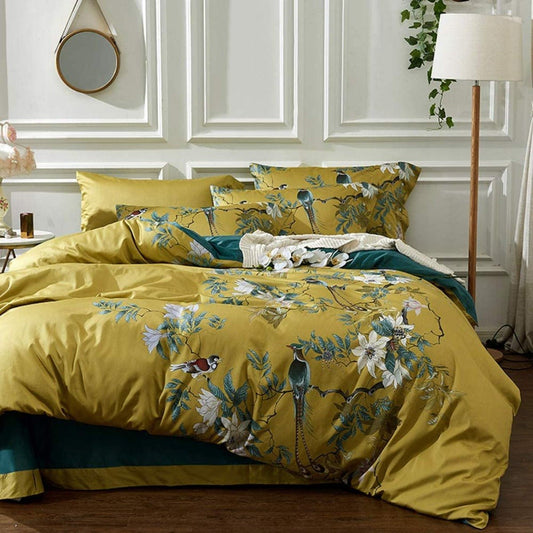 Floral Silky Satin Bird Flower Pattern Comforter Cover 3 pcs Set - Any Linen