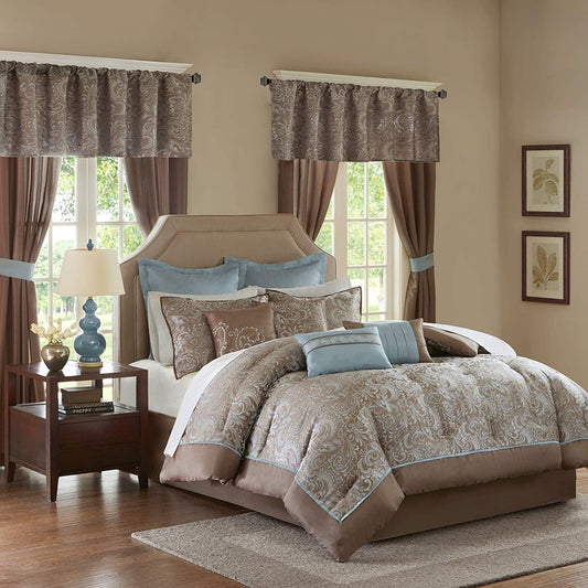 Master Bedroom 24 Piece Room in a Bag Faux Silk Hypoallergenic Down Alternative Comforter Matching Curtains - Any Linen