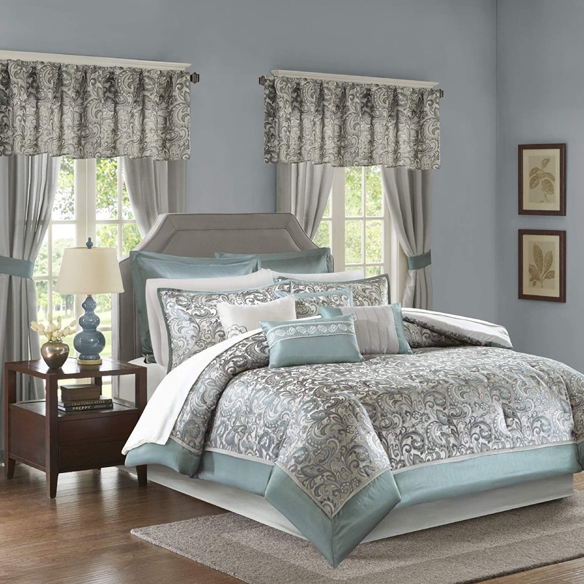 Master Bedroom 24 Piece Room in a Bag Faux Silk Hypoallergenic Down Alternative Comforter Matching Curtains - Any Linen