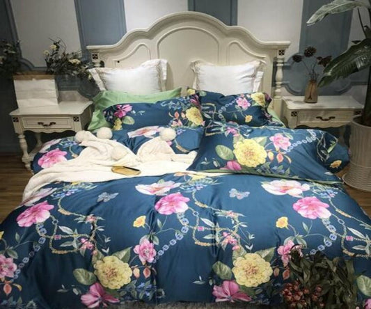Silk Egyptian Cotton Birds Plant Duvet Cover 4 pcs Bedding Set - Any Linen