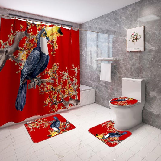 Waterproof 3D Digital Bird Printing Shower Curtain Toilet Cover Bath Mat Non Slip Rug Set - Any Linen